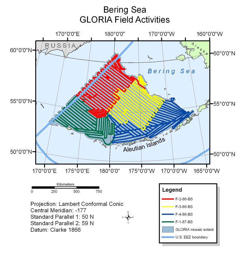 Map showing field activities for GLORIA sidescan-sonar data collection in the U.S. EEZ Bering Sea area.