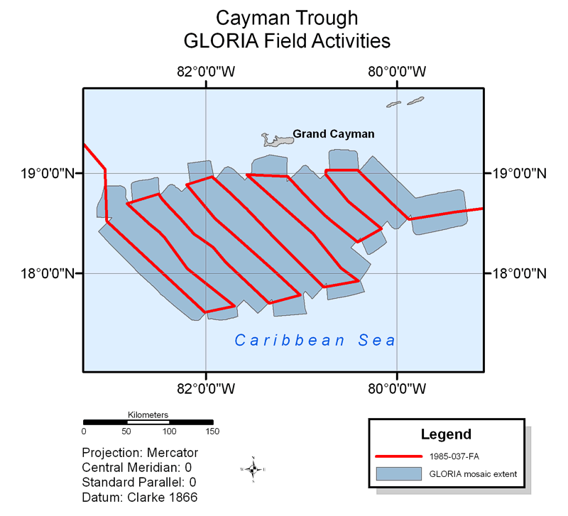 Map showing field activities for GLORIA sidescan-sonar data collection in the Cayman Trough area.