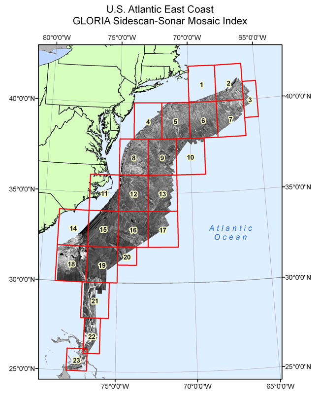 U.S. EEZ Atlantic East Coast area GLORIA mosaic index map.
