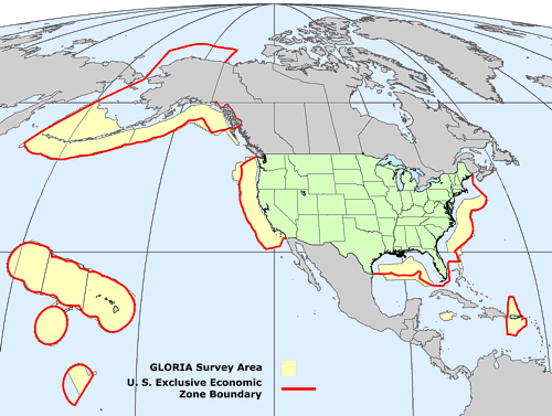Figure showing the EEZ boundaries and location and extent of the GLORIA surveys.
