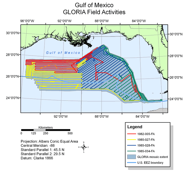 Map showing field activities for GLORIA sidescan-sonar data collection in the U.S. EEZ Gulf of Mexico area.