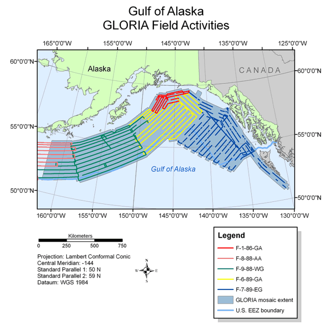 Map showing field activities for GLORIA sidescan-sonar data collection in the U.S. EEZ Gulf of Alaska area.