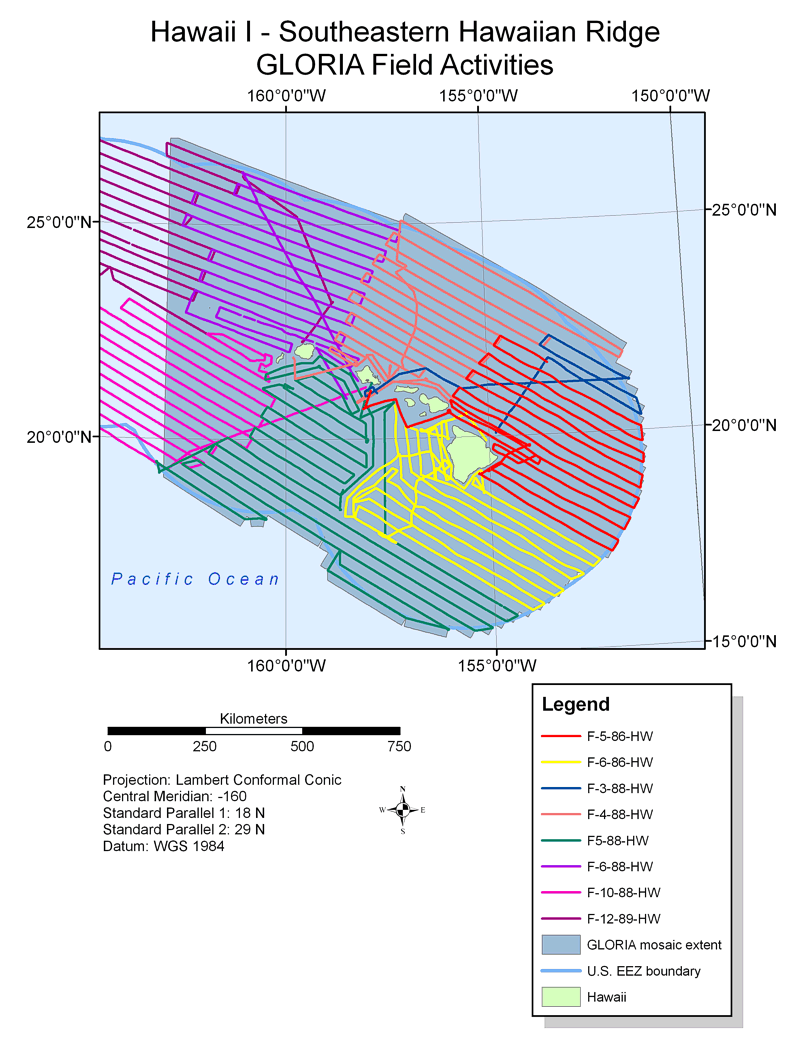 Map showing field activities for GLORIA sidescan-sonar data collection in the U.S Hawaii EEZ southeastern Hawaiian Ridge area.