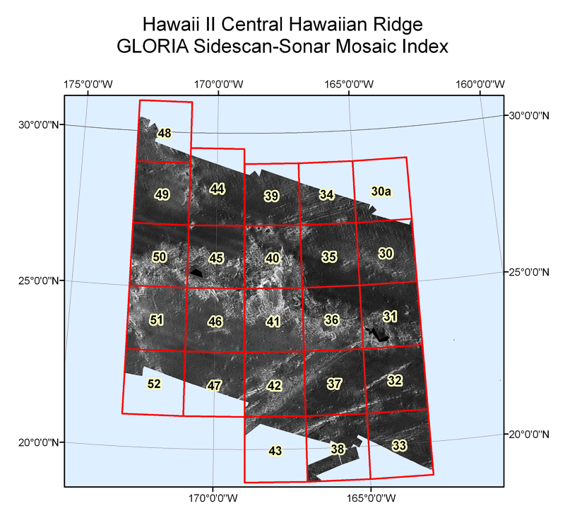 U.S. EEZ Hawaii II Central Hawaiian Ridge area GLORIA sidescan-sonar mosaic index map.