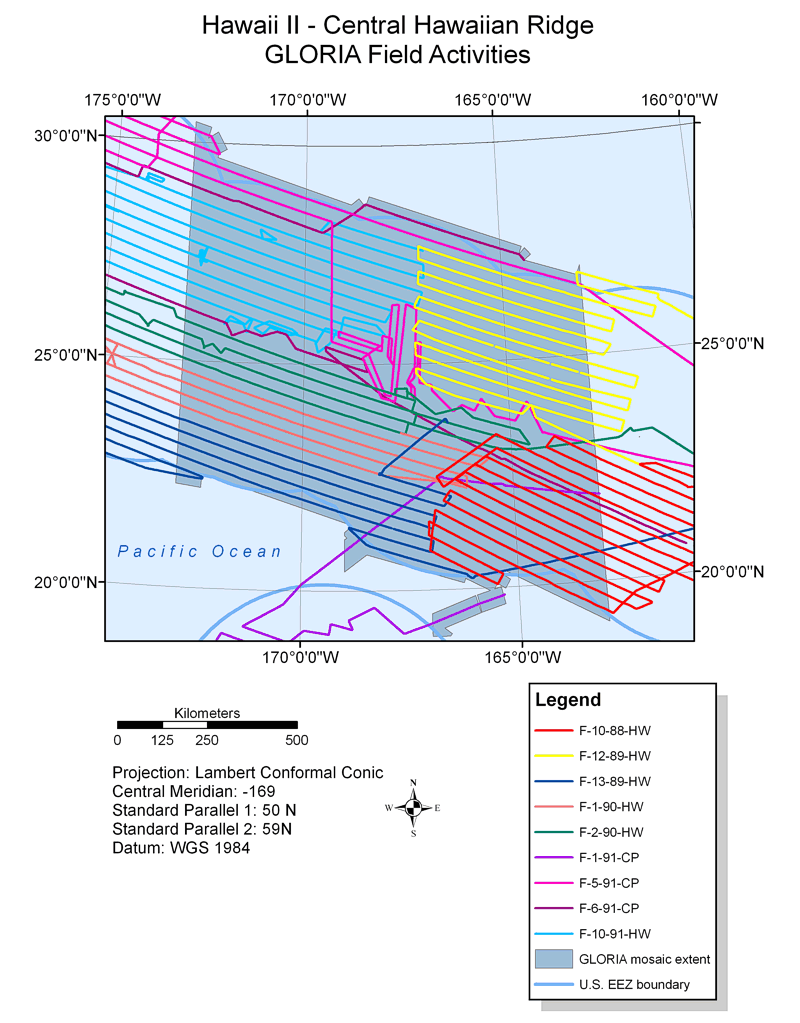 Map showing field activities for GLORIA sidescan-sonar data collection in the U.S. EEZ Hawaii II Central Hawaiian Ridge area.