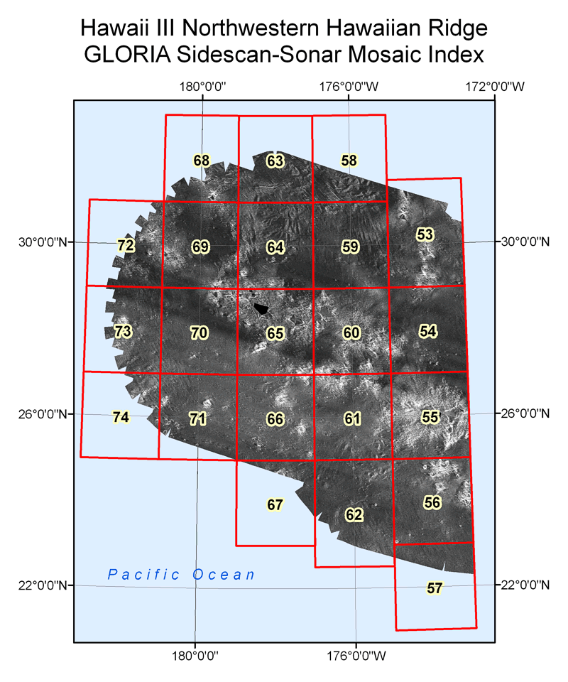 U.S. EEZ Hawaii III Northwestern Hawaiian Ridge area GLORIA sidescan-sonar mosaic index map.