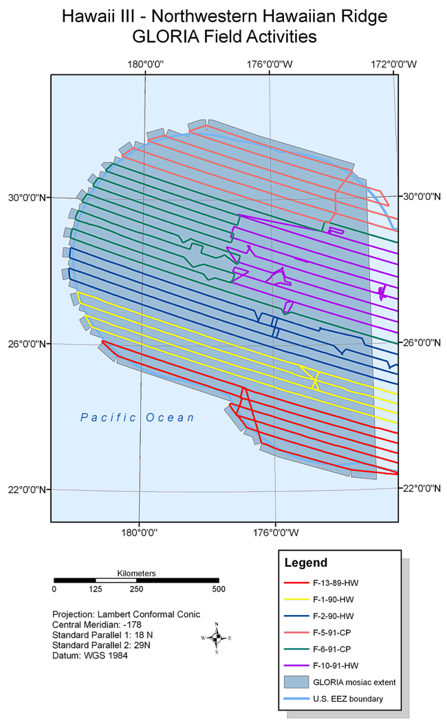 Map showing field activities for GLORIA sidescan-sonar data collection in the U.S. EEZ Hawaii III Northwestern Hawaiian Ridge area.