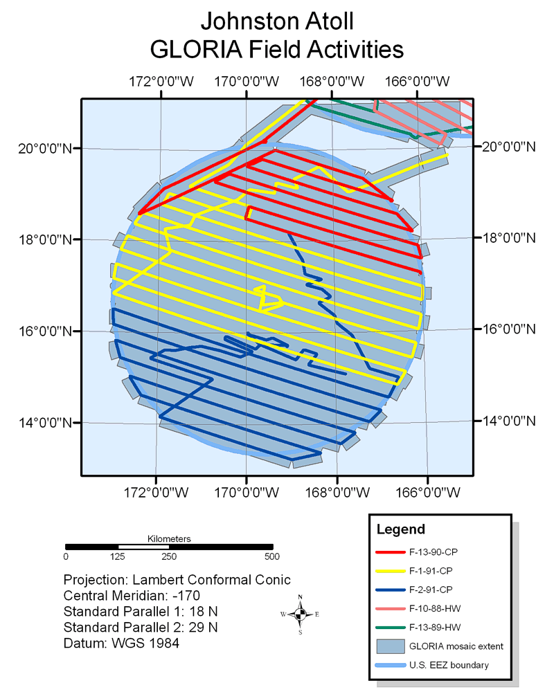 Map showing field activities for GLORIA sidescan-sonar data collection in the U.S. EEZ Johnston Atoll area.