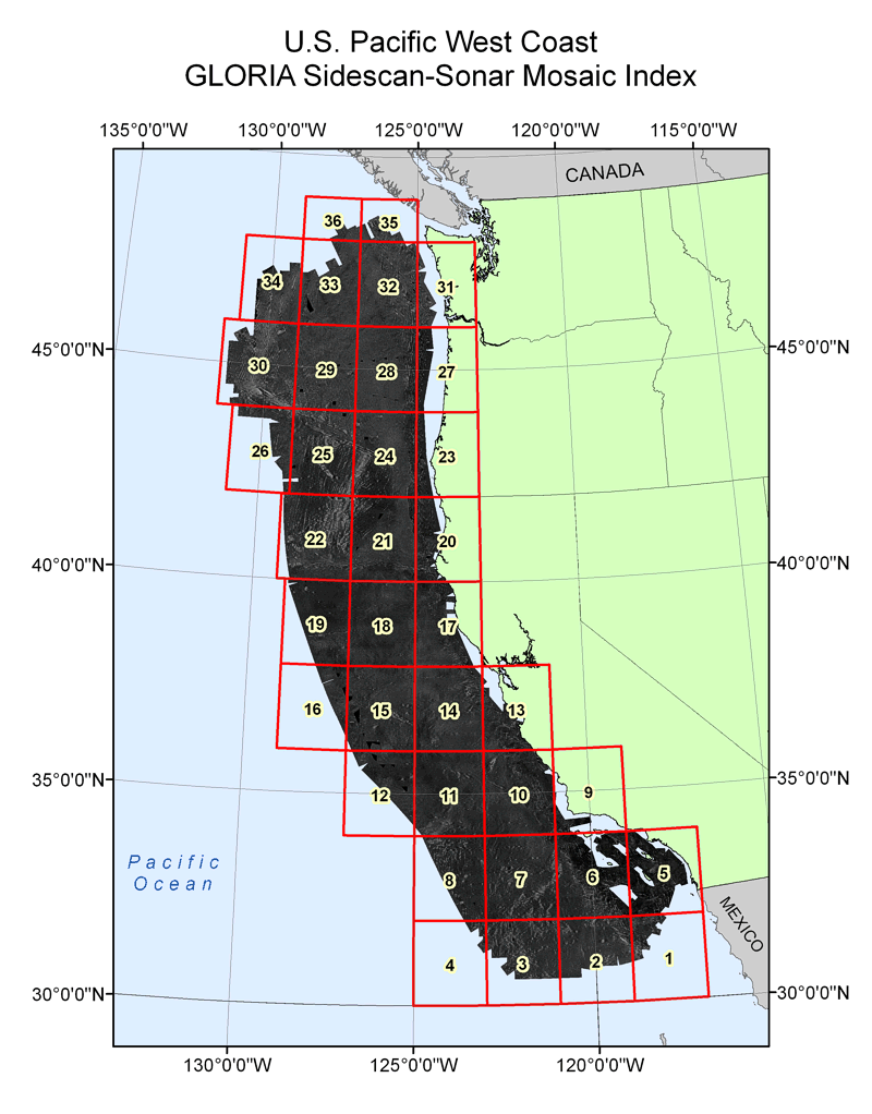 U.S. EEZ Pacific Coast area GLORIA mosaic index map.