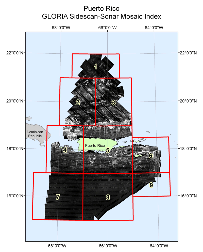 U.S. EEZ Puerto Rico area GLORIA sidescan-sonar mosaic index map.