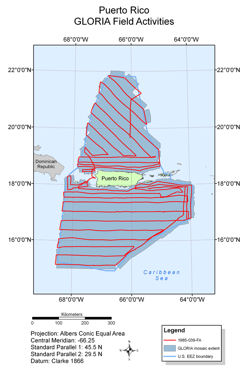 Map showing field activities for GLORIA sidescan-sonar data collection for the U.S. EEZ Puerto Rico area.