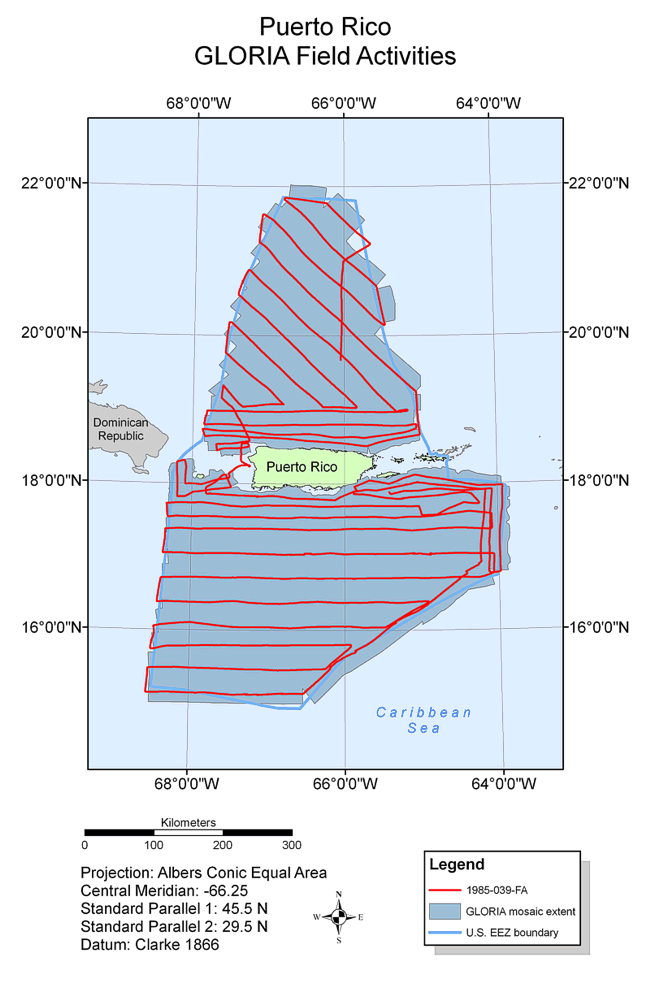 Map showing field activities for GLORIA sidescan-sonar data collection for the U.S. Puerto Rico EEZ.