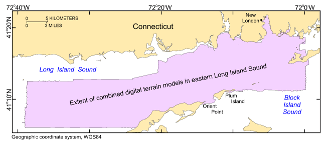 Thumbnail image showing the outline of the combined bathymetry from NOAA surveys H11224, H11225, H11250, H11251, H11252, H11361, H11441, H11442, H11445, H11446, H11997, H11999, H12012, and H12013 offshore in eastern Long Island Sound and westernmost Block Island Sound in geographic, WGS84 coordinates.