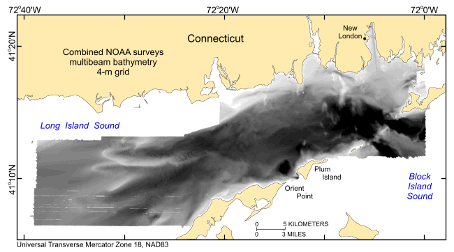 Thumbnail image showing the combined 4-m gridded multibeam and LIDAR bathymetry collected during NOAA surveys H11224, H11225, H11250, H11251, H11252, H11361, H11441, H11442, H11445, H11446, H11997, H11999, H12012, and H12013 offshore in eastern Long Island Sound and westernmost Block Island Sound in UTM Zone 18, NAD83