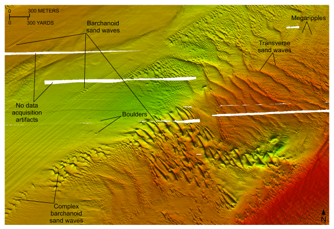 Figure 19. A detailed bathymetric map of barchanoid and transverse sand waves.