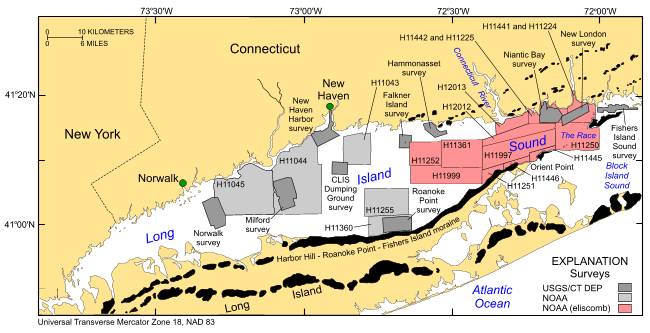 Figure 1. A map of the location of bathymetric and backscatter surveys completed in Long Island Sound.