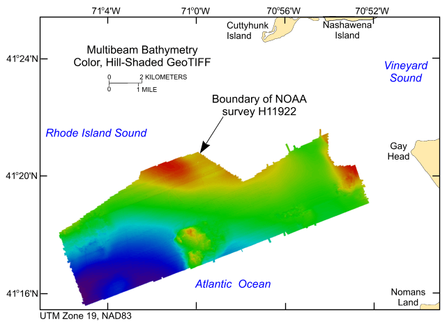 Thumbnail image showing the 2-m multibeam bathymetry collected during NOAA survey H11922 in UTM Zone 19, NAD83