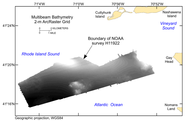 Thumbnail image showing the 2-m gridded multibeam bathymetry collected during NOAA survey H11922 in geographic, WGS84