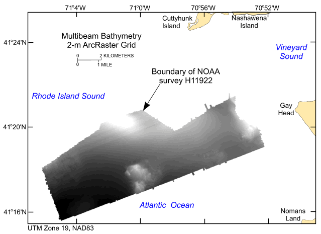 Thumbnail image showing the 2-m gridded multibeam bathymetry collected during NOAA survey H11922 in UTM Zone 19, NAD83