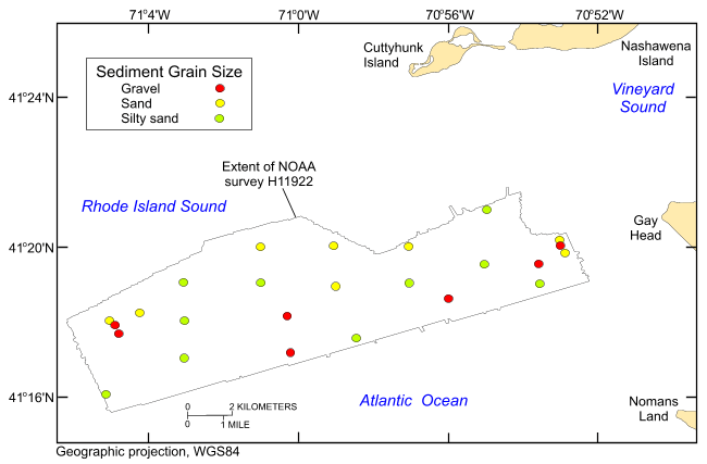 Thumbnail image showing the locations of sediment data collected during Rafael cruise 2010-033-FA and RV Connecticut cruise 2010-005-FA offshore of Gay Head in eastern Rhode Island Sound