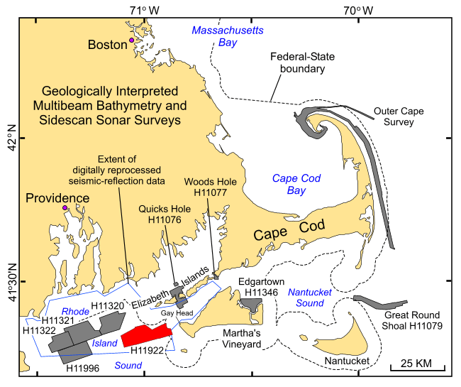 Figure 1. A map of the location of bathymetric surveys completed in southeastern New England.