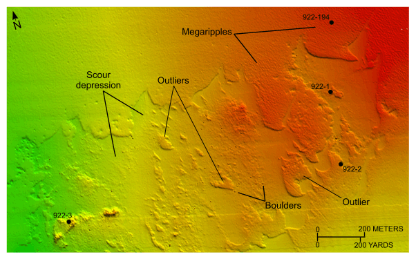 Figure 22. An image of bathymetric data showing scour in the study area.