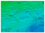 Thumbnail image of figure 25 and link to larger figure. An image of bathymetric data showing scour in the northwest.