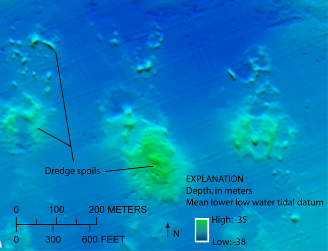 Figure 16. Bathymetry image showing dredge spoils in the study area.