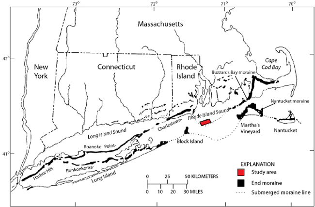 Figure 2. A map showing the location of end moraines in southern New York and New England.