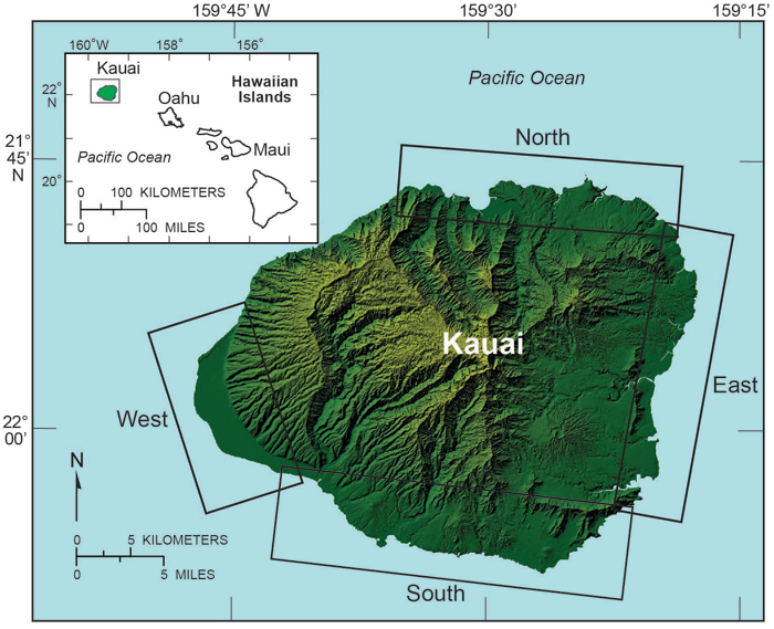 Map of Kauai showing shoreline study regions: north, east, south, west