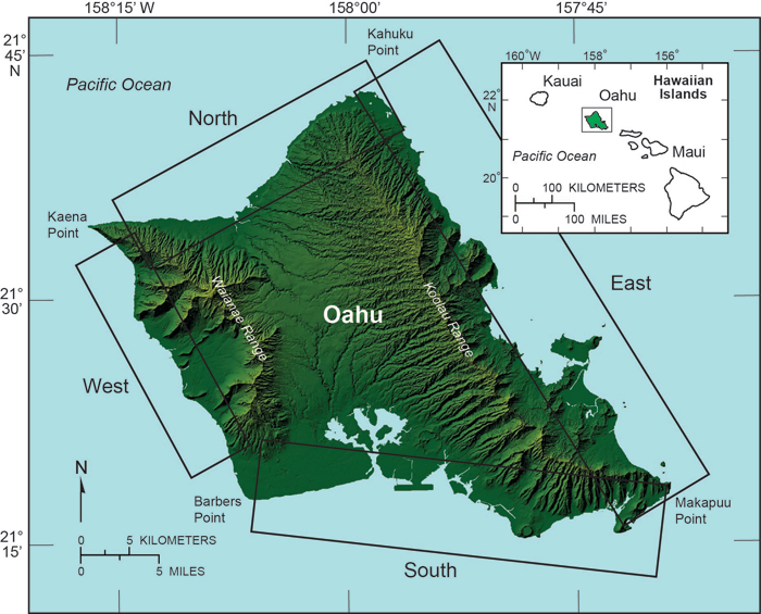 Map of Oahu showing shoreline study regions: north, east, south, west