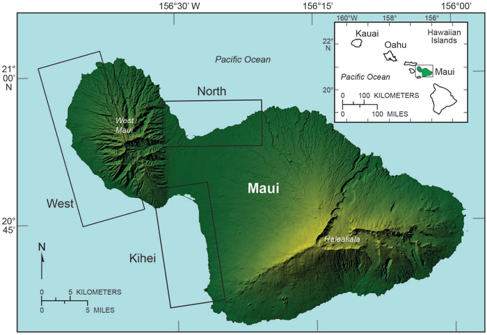 Map of Maui showing shoreline study regions: north, Kihei, west.