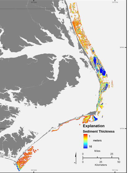 Map showing thickness of modern sand on the inner continental shelf