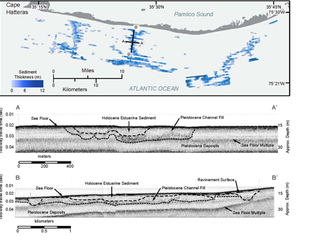 Map and seismic trackline data showing network of tidal creek lithosomes preserved on the inner continental shelf north of Cape Hatteras