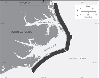 Map showing inner shelf geophysical data coverage from False Cape, Virgina to west of Cape Lookout, North Carolina