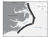 Thumbnail image of and link to larger figure.  Map showing  inner shelf geophysical data coverage from False Cape, VA to west of Cape Lookout, NC