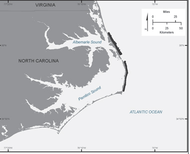 Map showing nearshore geophysical data coverage north of Oregon Inlet to Cape Hatteras