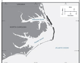 Thumbnail image of and link to larger figure. Map showing nearshore geophysical data coverage from north of Oregon Inlet to Cape Hatteras