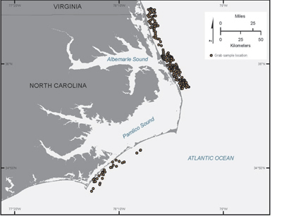 Map showing locations of USGS Van Veen sediment grab samples on the inner continental shelf