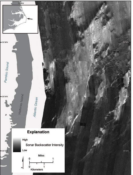 Map showing coarse sediment regions on the innter continental shelf off Hatteras Island