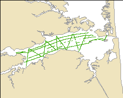 Thumbnail GIF image showing the location of resistivity tracklines collected April 14, 2010. The coastline is included for spatial reference.