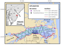 Thumbnail image for Figure 1, location map of survey lines in Indian River Bay, Delaware and link to larger image.