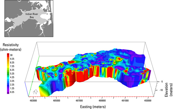 Figure 5, oblique view of a horizontal slice through a 3D model of CRP data in Indian River Bay, Delaware, and link to a larger image.