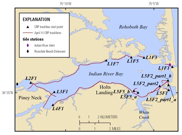 Trackline map of processed CRP lines collected in Indian River Bay on April 13, 2010. Line names provide hotlinks to the JPEG profiles.
