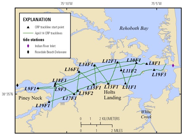 Trackline map of processed CRP lines collected in Indian River Bay on April 14, 2010. Line names provide hotlinks to the JPEG profiles. 