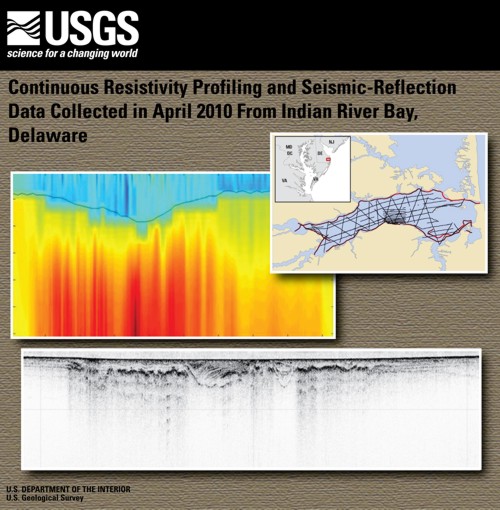 Report cover art showing a location map of Indian River Bay, a sample JPEG image of a continuous resistivity profile, and a sample JPEG of a seismic-relfection profile.