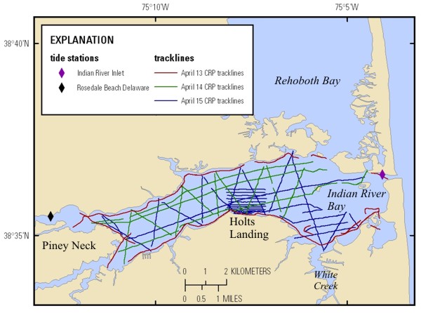 Trackline map of processed CRP lines collected in Indian River Bay, Delaware in April 2010.