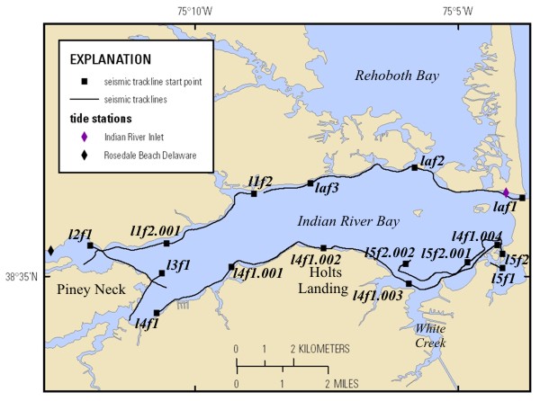 Trackline map of seismic-reflection lines collected in Indian River Bay on April 13, 2008. Line names provide hotlinks to the JPEG profiles. 