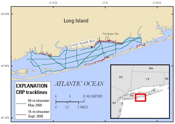 Figure 2, location map of CRP tracklines in Great South Bay, Long Island, New York.