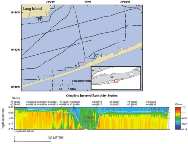 Figure 7, map of CRP profile locations and profile showing resistivity anomalies present on either side of a dredged channel in Great South Bay.